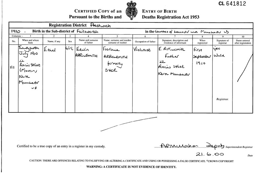 ethel's birth certificate